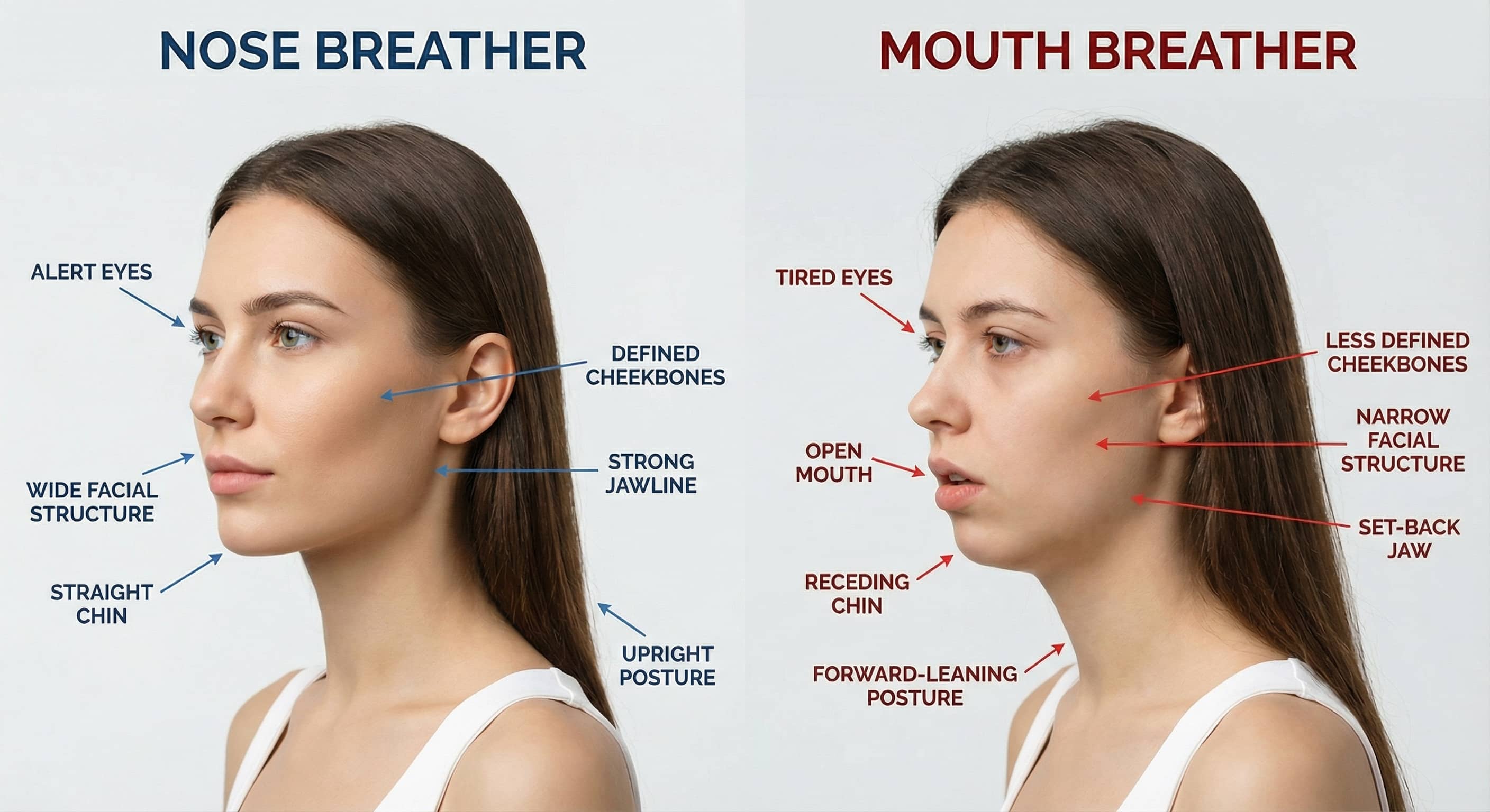 Illustration comparing nose breathing and mouth breathing posture differences